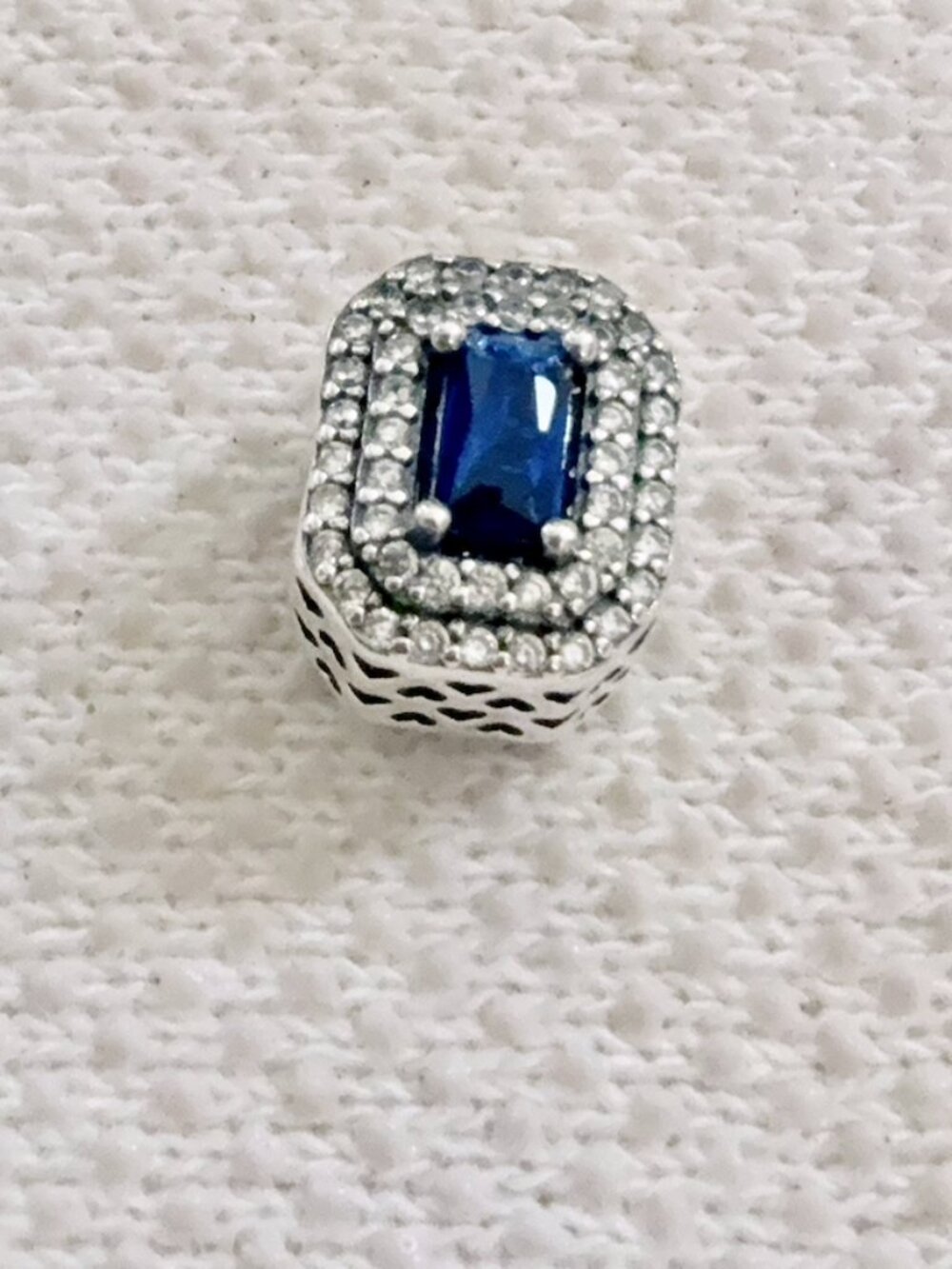 Blue Sparkling Leveled Rectangular Silver Charm For Pandora Bracelet